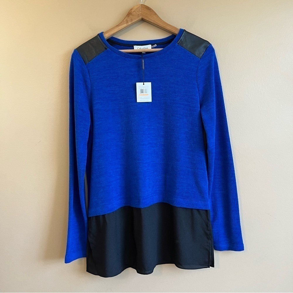 New CALVIN KLEIN cobalt blue sweater tunic size small faux leather panels slits